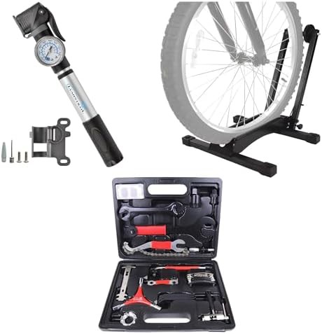 Foldable floor pump and 38 piece repair kit